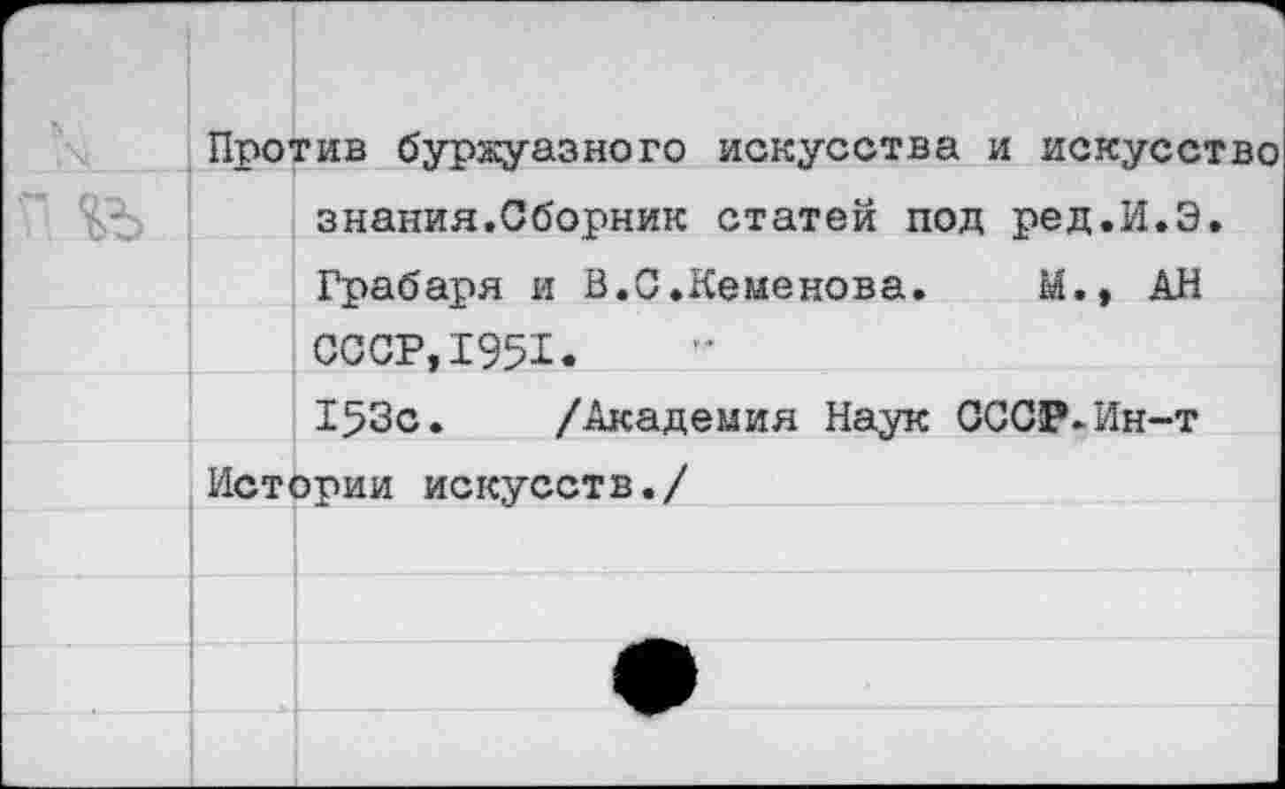 ﻿Против буржуазного искусства и искусство знания.Сборник статей под ред.И.Э. Грабаря и В.С.Кеменова. М., АН СССР,1951.
153с. /Академия Наук СССР.Ин-т Истории искусств./